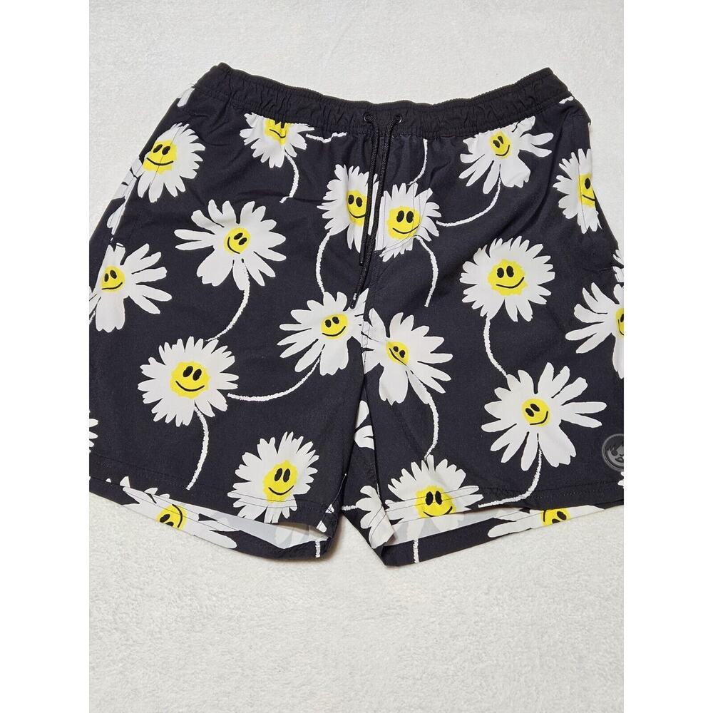 Neff Board Shorts Mens XL Black White Sunflower Smiley Face Beach Swim Trunks